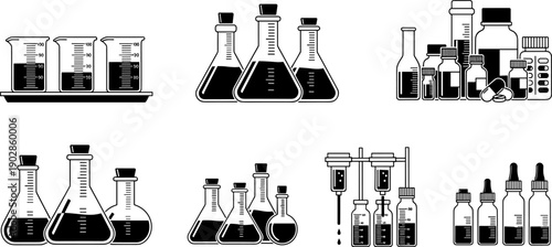 Black laboratory glassware and medicine bottle silhouette vector set showing beakers, flasks, droppers, and pharmaceutical containers isolated on white background for science and medical designBlack 