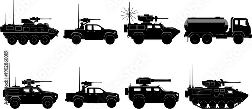 Black military vehicle silhouette vector set showing armored trucks and combat vehicles isolated on white background for defense, army, tactical, and transport design use