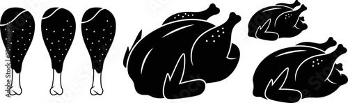 Black roasted chicken and drumstick illustration set, whole poultry food silhouettes for restaurant menu design, culinary vector icons, cooking concept graphics collection branding