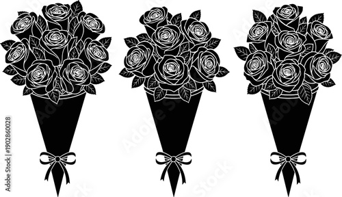 Black rose bouquet silhouettes with ribbon isolated on white background elegant floral vector illustration for wedding romance decoration design romantic clipart artwork