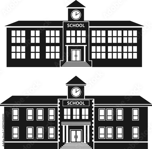 Black school building silhouettes with clock tower isolated on white background, educational architecture icon set, classic campus exterior design, vector illustration style