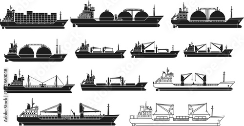 Cargo and industrial ship silhouette set featuring container vessels, tanker ships and crane-equipped freight boats, maritime transportation and logistics black vector illustration isolated on white