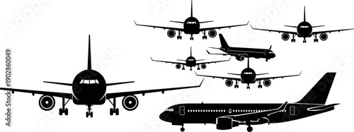 Commercial passenger airplane silhouette collection featuring multiple jet airliners in landing and approach views, aviation transportation concept in clean black vector illustration isolated on white