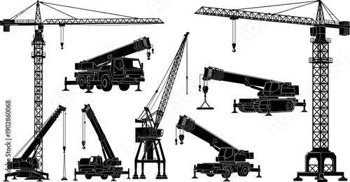 Construction crane silhouette set featuring tower cranes and mobile lifting machinery, heavy industrial equipment vectors for building sites, engineering projects and logistics operations