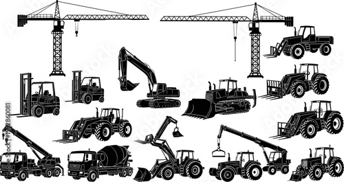 Construction heavy machinery and equipment silhouette set featuring cranes, excavators, loaders, trucks and forklifts, industrial vehicles vector illustration isolated for building and engineering 