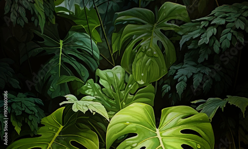 Tropical monstera leaves illustration with raindrops and sunbeams. nature background. garden botanical decoration.