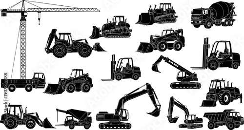 Construction heavy machinery silhouette collection featuring cranes, excavators, loaders, bulldozers, dump trucks and forklifts, industrial building equipment black vector illustration isolated 