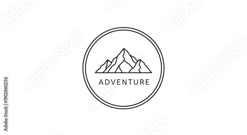 A minimalist vector graphic illustration of a mountain range in a circular adventure logo design