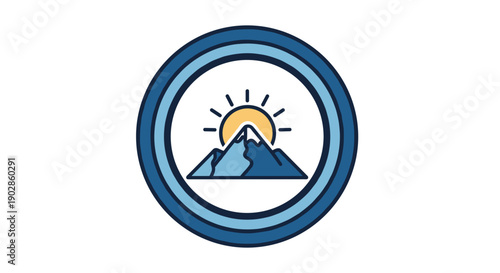 A minimalist vector graphic illustration of a mountain with a sun rising behind it in a circular frame