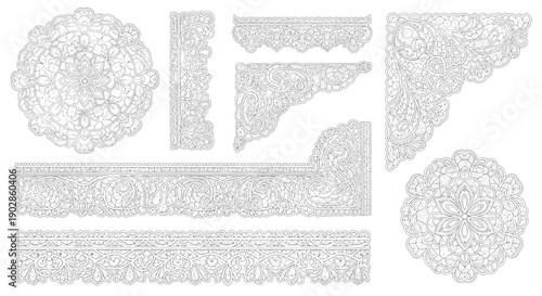 A set of intricate floral patterns and shapes in a minimalist vector graphic design