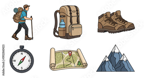 A set of vector graphics depicting hiking and outdoor adventure icons on a