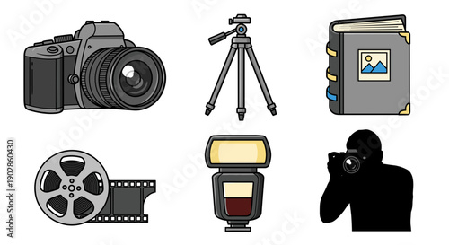 A set of vector graphic icons representing photography and filmmaking equipment on a