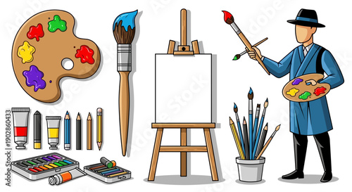 A cartoon painter standing beside an easel with art supplies, holding a paintbrush and palette.