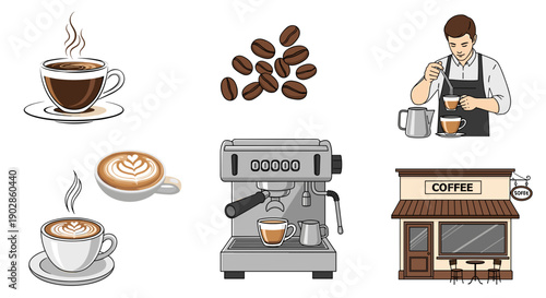 A set of coffee icons including cups, beans, and a barista in a modern flat design style