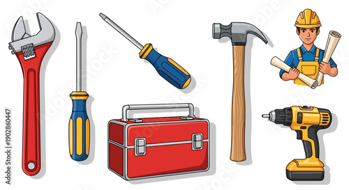 A set of colorful cartoon tools and a worker in a yellow hard hat