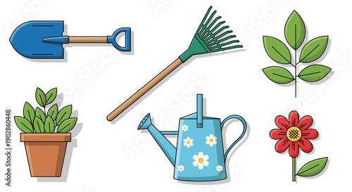 A colorful vector graphic illustration of gardening tools and plants on a