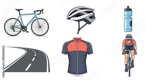 A vector graphic illustration of cycling equipment and accessories for a rider