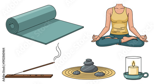 A serene yoga scene with a woman meditating surrounded by a mat, candle, and incense