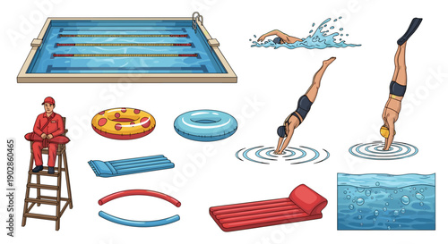 A colorful illustration of swimming pool elements and accessories in a flat design style