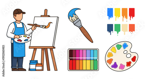 A cartoon painter standing in front of an easel with painting supplies and colorful palette