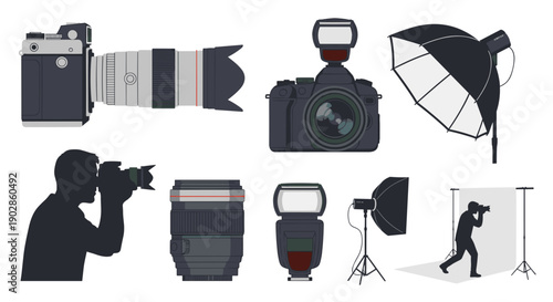 A collection of photography equipment and accessories in a flat vector graphic design