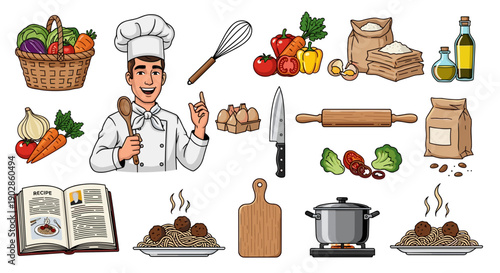 A colorful illustration of a chef surrounded by various cooking utensils and ingredients in a flat design style