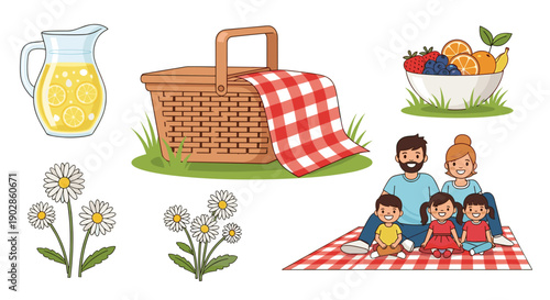 A colorful vector illustration of a family having a picnic in a park with a basket and food