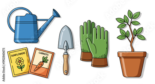 A colorful vector illustration of gardening tools and supplies on a