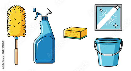 A set of colorful cleaning supplies and tools in a simple vector graphic illustration