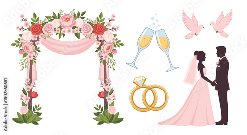 A beautiful wedding illustration with a bride and groom, flowers, and champagne glasses on a