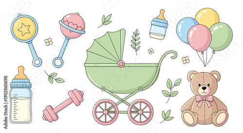 A colorful illustration of baby items including a stroller, toys, and nursery essentials in a flat design style.