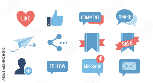 A set of social media icons and symbols for online communication and engagement