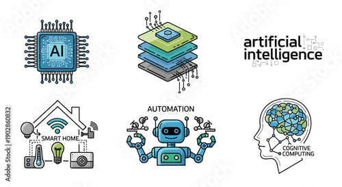 A vector graphic illustration of artificial intelligence concepts including automation and robotics