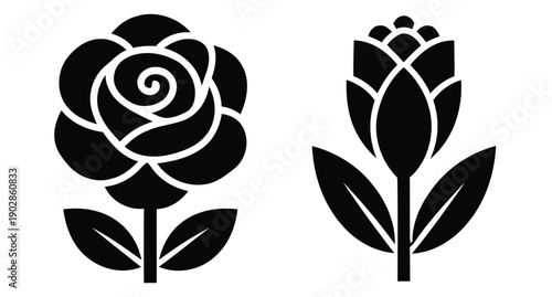 Black and white floral silhouettes of a rose and a lotus