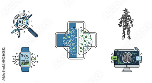 A set of vector graphics illustrating artificial intelligence and medical concepts in a modern design style