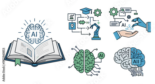 A set of colorful illustrations depicting artificial intelligence and machine learning concepts in a modern design style.