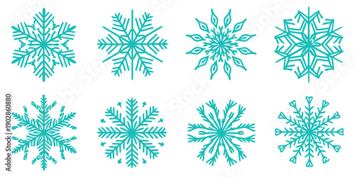 Collection of six unique turquoise snowflakes on white background