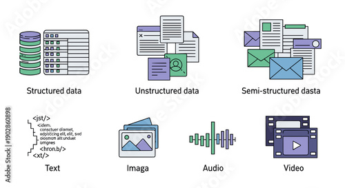 A vector graphic illustration of various data types and multimedia formats in a modern design
