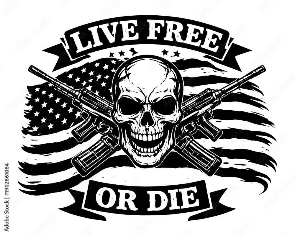 Fototapeta premium Live Free or Die Skull American Flag Rifles Patriotic Engraving Design Black White USA CNC Laser Art for Dark Surface