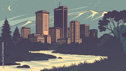 Denver skyline with mountains, river view suitable for travel brochures, city guides, or website banners capturing the citys beauty.