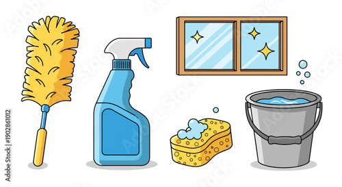 A colorful vector illustration of cleaning supplies and a sparkling clean window