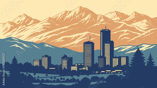 Denver cityscape with mountains, trees, and tall buildings. Ideal for travel brochures, website banners, city guides, and skyline posters.