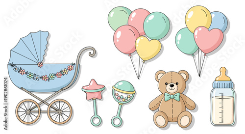 A set of baby items including a stroller, balloons, teddy bear, and bottle in a flat vector illustration