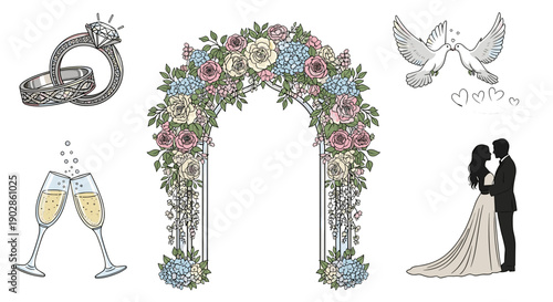 A beautiful wedding illustration with floral arch, champagne glasses, and romantic couple in love