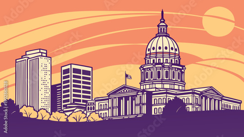 Denver skyline at sunset, featuring michigans capitol complex and skyscrapers, rendered in an artistic cityscape drawing. Perfect for urbanthemed designs.