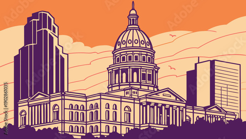 Denver skyline and austins texas state capitol contrast in this architectural vista. Suitable for travel guides, city comparisons, or urbanthemed content.