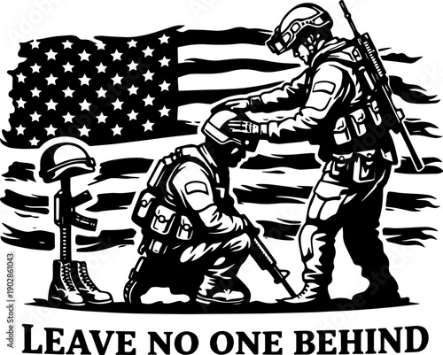 Leave No One Behind American Soldiers Rescue Patriotic Engraving Design Black White Military CNC Laser Art for Dark Surface