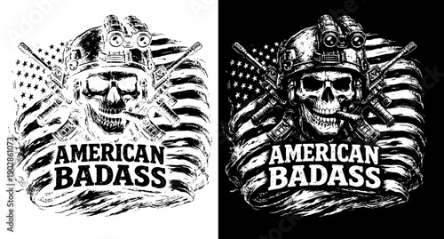 American Badass Skull Patriotic Engraving Design Black White USA Flag Helmet CNC Laser Art for Dark Surface