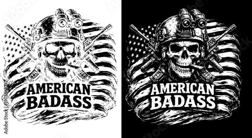 American Badass Skull Patriotic Engraving Design Black White USA Flag Helmet CNC Laser Art for Dark Surface