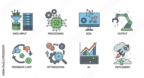 A set of eight colorful vector icons depicting various aspects of data processing and technology